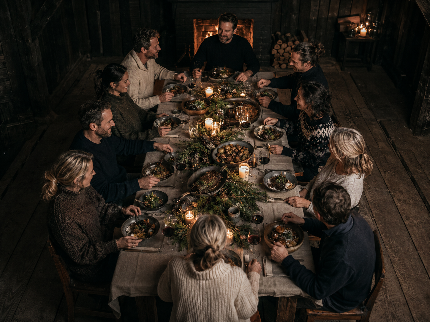 Candlelit winter supper in a barn
