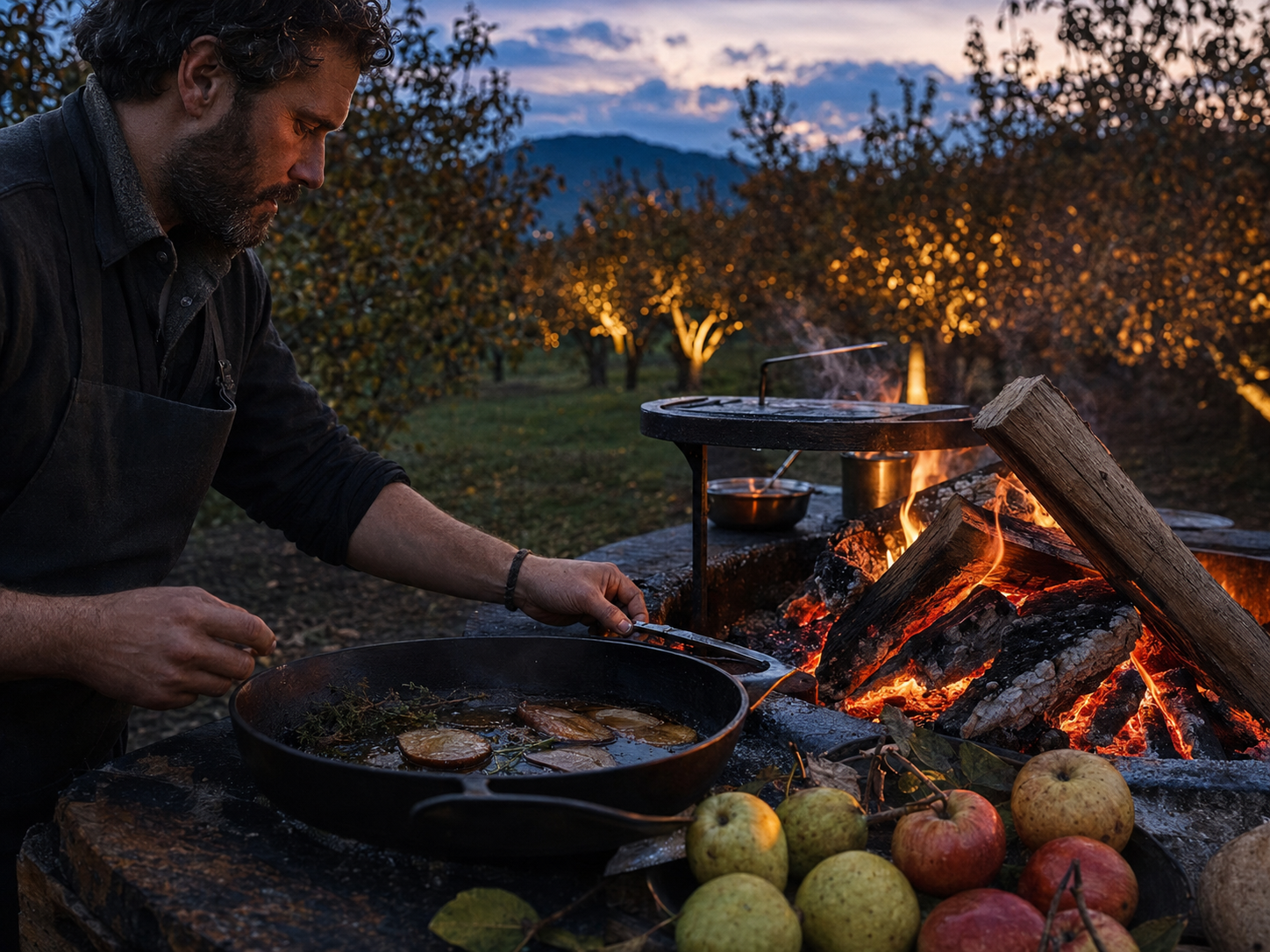Chef tending a wood fire in an orchard
